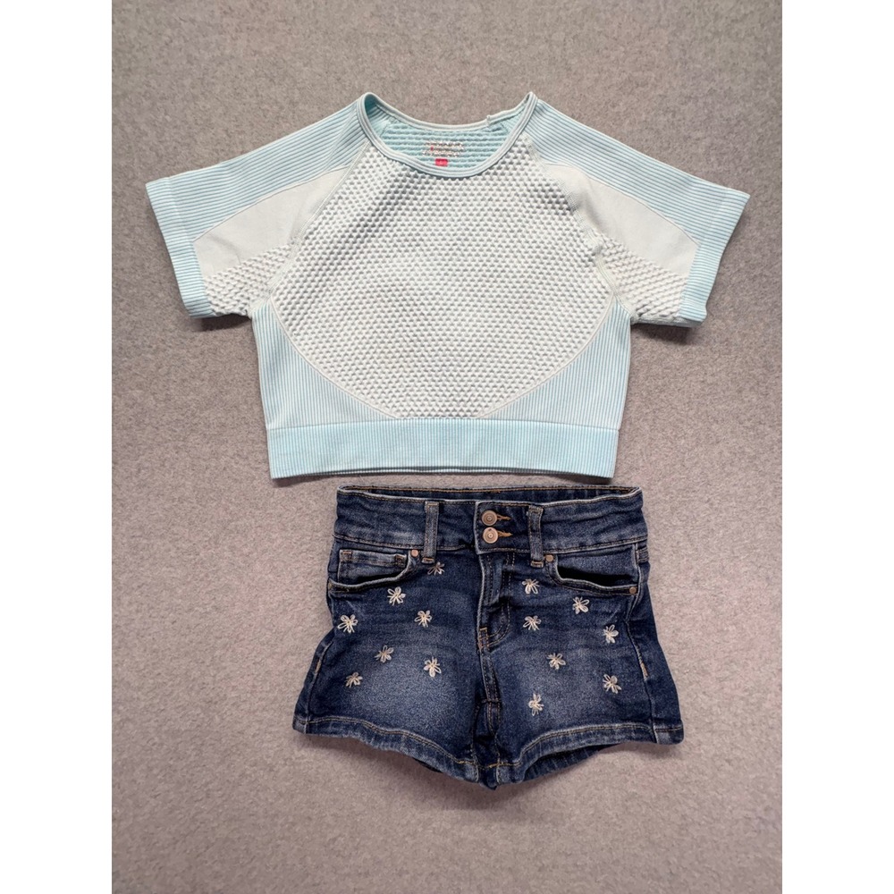 Massmode Blue Seamless Crop Top & Wonder Nation Embroidered Denim Shorts Set 6 L